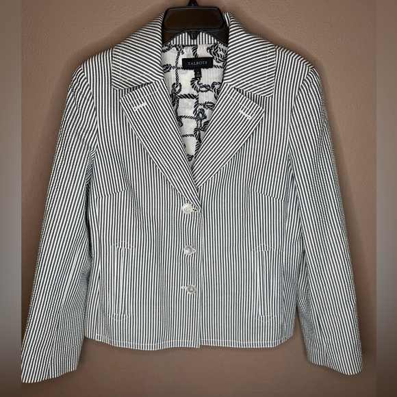 Talbots Women's Seersucker Cotton Blazer Jacket Size 14 Notch Lapel Striped - Picture 2 of 15